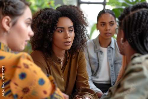 Young diverse multiethnic business team gather on briefing in modern office under lead of afro american female boss. Skilled black woman ceo hold meeting at boardroom speak set tasks to staff members