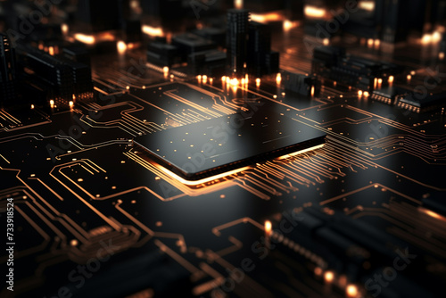 abstract cyber tech background, brown glowing binary circuit lines on black board, futuristic technology wallpaper, computer motherboard, backdrop for modern tech business presentation or banner