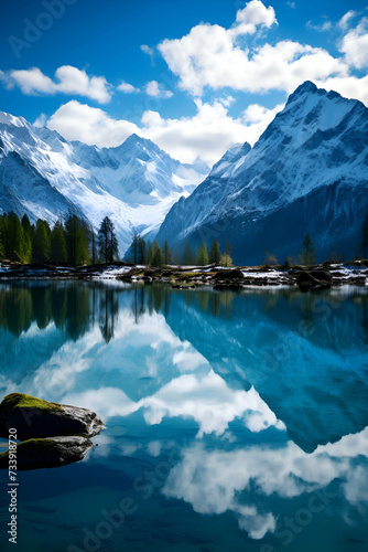 Mountain lake with reflection of the snow capped peaks.