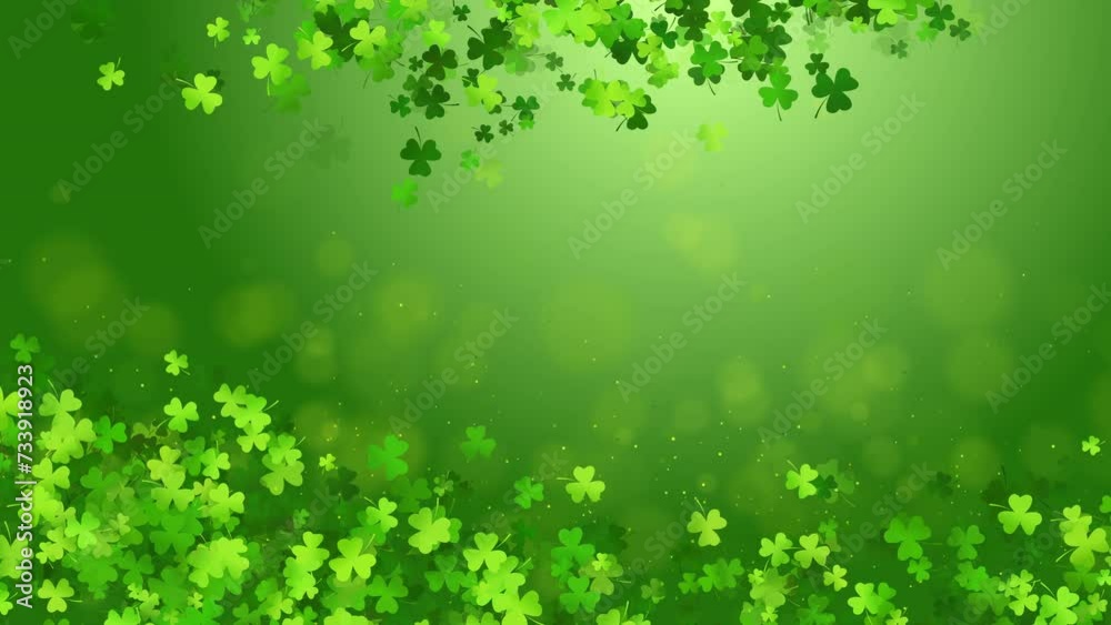Saint Patricks day green background with sprayed clover leaves or shamrocks. Copy space. Loop motion graphic. Saint Patricks day green background with sprayed clover leaves or shamrocks. Copy space. Loop motion graphic.