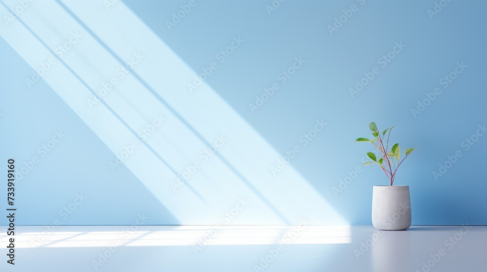 potted plant against a tranquil blue wall, sunlight casting shadows. potted plant against a tranquil blue wall, sunlight casting shadows.