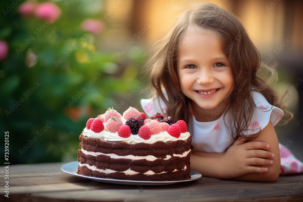 Cute little caucasian girl at outdoors holding cake Cute little caucasian girl at outdoors holding cake
