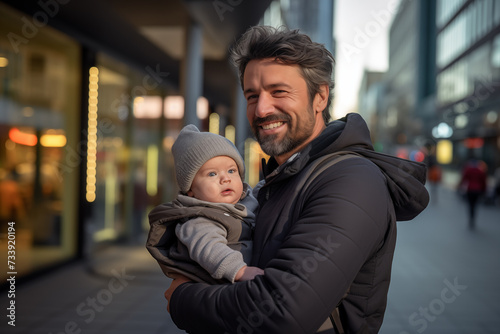 Middle aged man in the middle of the city with newborn baby