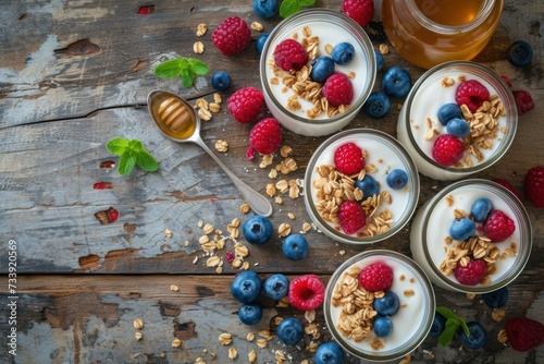 High angle view of three drinking glasses full of greek yogurt, granola and berry fruits 