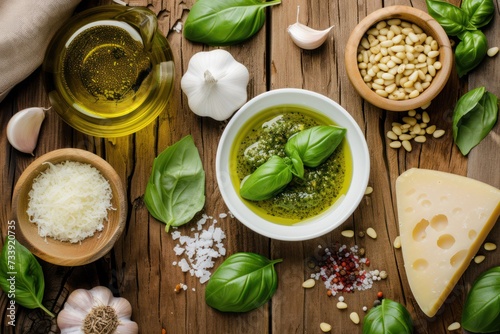 High angle view of various ingredients for preparing pesto sauce like basil, garlic, parmesan cheese, olive oil, salt, pepper and pine nuts on a wooden backdrop. 