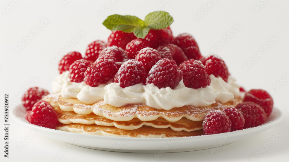 A Stack of Pancakes Topped With Whipped Cream and Raspberries A Stack of Pancakes Topped With Whipped Cream and Raspberries