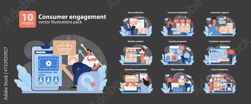 Consumer Engagement Vector Illustrations set. A collection showcasing diverse strategies for customer interaction, including personalization, feedback, and support.
