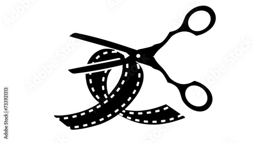 video editing emblem ,scissors and film strip,  black isolated silhouette