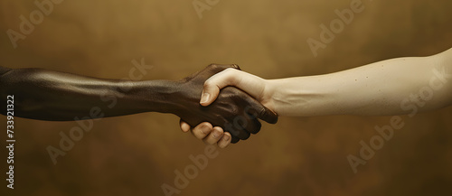 Multiracial people handshake to show each other friendship and respect against racism