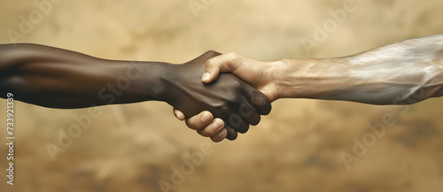 Multiracial people handshake to show each other friendship and respect against racism photo