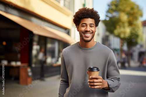 Young African American man holding a take away coffee