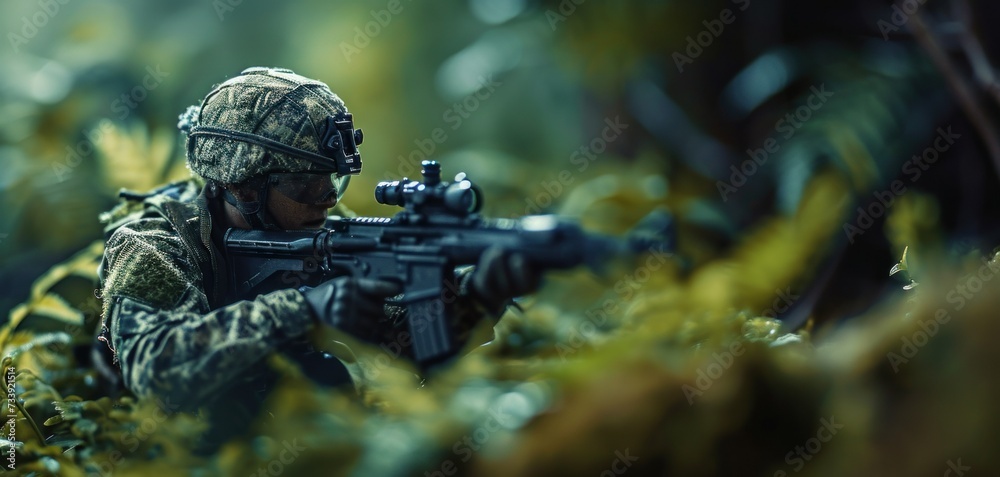 Soldier holding gun crouched and ambushed in the forest Soldier holding gun crouched and ambushed in the forest