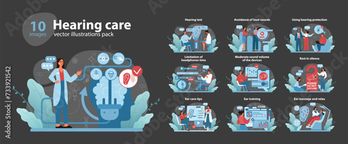 Hearing Care Concept set . Comprehensive vector illustrations depicting various aspects of auditory health, including testing, treatments, and relaxation techniques. Flat vector illustration.