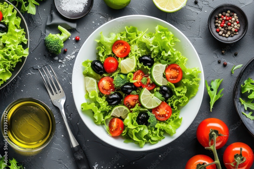 Top view of a healthy fresh salad made with lettuce, cherry tomatoes, black olives, lime, salt and pepper on a white bowl Top view of a healthy fresh salad made with lettuce, cherry tomatoes, black olives, lime, salt and pepper on a white bowl