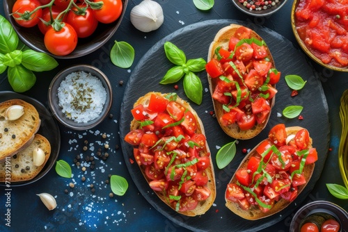 Top view of a homemade Italian bruschetta made with cherry tomatoes, basil, olive oil, garlic and salt disposed on a black plate 