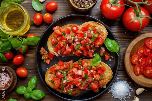 Top view of a homemade Italian bruschetta made with cherry tomatoes, basil, olive oil, garlic and salt disposed on a black plate 