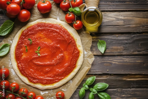 Top view of a raw pizza dough spread with tomato sauce. 
