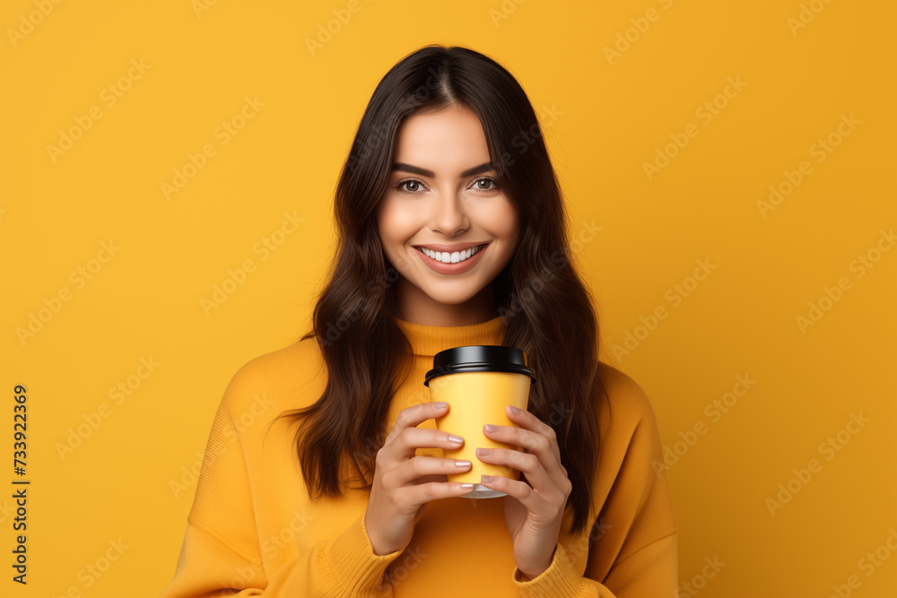 Young pretty brunette girl over isolated colorful background holding a take away coffee Young pretty brunette girl over isolated colorful background holding a take away coffee