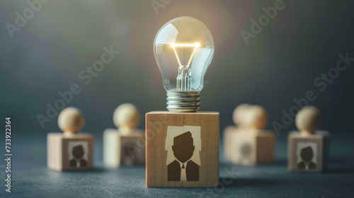Artificial intelligence innovation. AI adoption and working. AI with a digital brain in a lightbulb with human icons in wooden blocks for AI vs human competition. manage personnel in the organization 