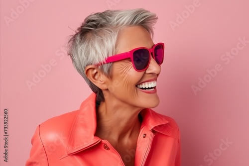 Portrait of a happy senior woman in sunglasses smiling and looking away against pink background © Iigo