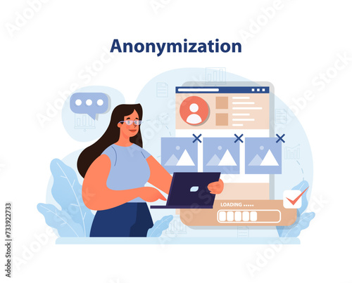 Anonymization concept. A focused woman works on her laptop, using software to protect identity and personal data. She ensures privacy by erasing facial features and details. Flat vector illustration.