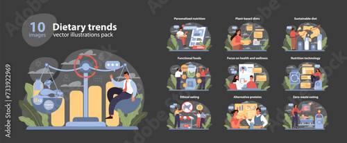 Dietary Trends Vector Illustrations Pack. A contemporary depiction of modern nutrition concepts including personalized diets, plant-based eating, sustainable choices, tech in nutrition. Flat vector.