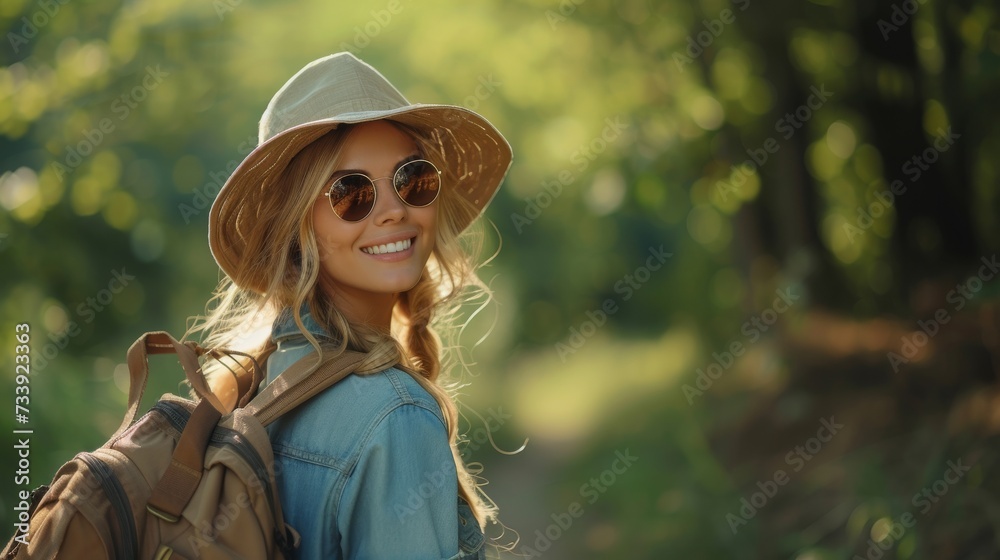 young female tourist with a backbag wearing a hat walking in the forest - travel concept