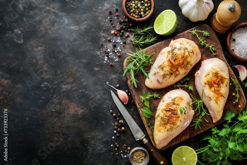 Top view of two chicken breasts on a cutting board surrounded by various ingredients for seasoning like garlic, some aromatic herbs photo