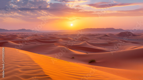 A photo of the Sahara Desert  with endless sand dunes as the background  during a dramatic sunrise