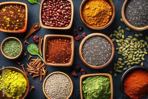 Top view of various bowls full of different types of superfoods like turmeric  flax seeds  chia  wolfberry