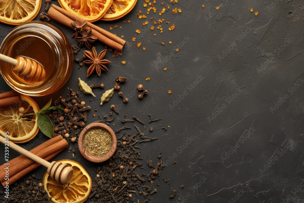 Top view of various kinds of aromatic spices like cinnamon sticks, star anise, cardamom, cloves and dried sliced oranges. Top view of various kinds of aromatic spices like cinnamon sticks, star anise, cardamom, cloves and dried sliced oranges.
