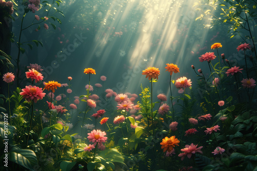 Flowers in the fantasy garden. God rays. Background image. Created with Generative AI technology © Artem