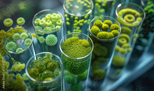 Vessels with samples of different species of moss 