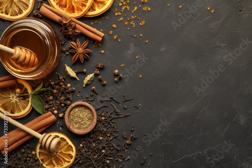 Top view of various kinds of aromatic spices like cinnamon sticks, star anise, cardamom, cloves and dried sliced oranges. 