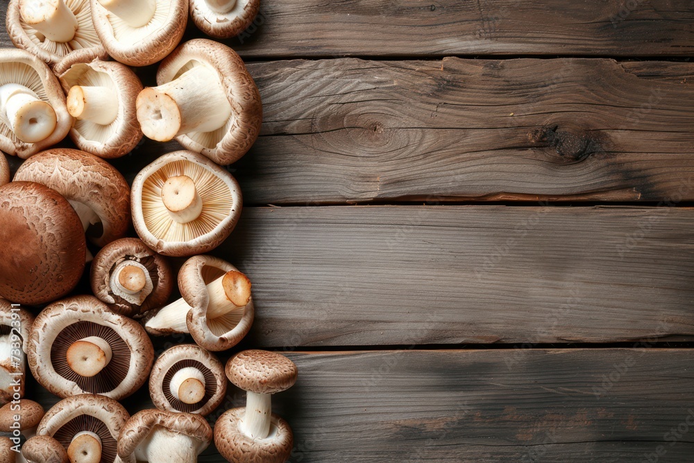 Top view of various kinds of edible mushrooms like champignon, shiitake mushroom, oyster mushroom and crimini mushroom on a rustic wooden table. 