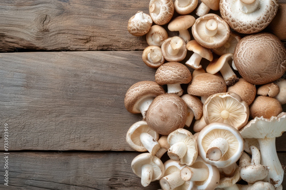 Top view of various kinds of edible mushrooms like champignon, shiitake mushroom, oyster mushroom and crimini mushroom on a rustic wooden table. 