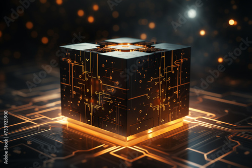 abstract cyber tech background, brown glowing binary circuit lines on 3d black cube, futuristic technology wallpaper, computer motherboard, backdrop for modern tech business presentation or banner