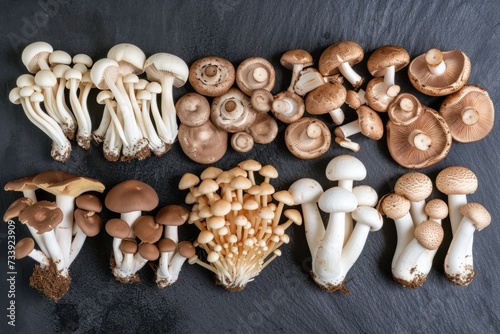 Top view of various kinds of edible mushrooms like champignon, shiitake mushroom, porcini mushroom, oyster mushroom, portobello mushroom