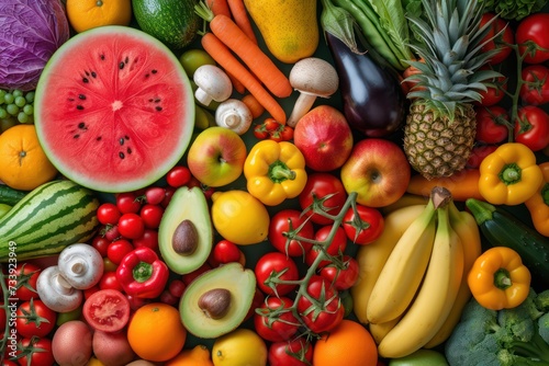 Top view of various kinds of multicolored fruits and vegetables background. 