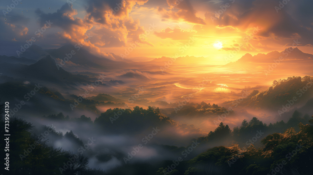Majestic Sunrise over Misty Mountain Valley