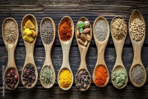 Top view of various kinds of wooden spoons with a superfood heap at the top of each one like turmeric, flax seeds, chia, wolfberry