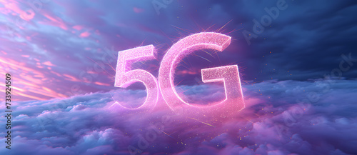 5G global network technology communication on glowing purple wavy background