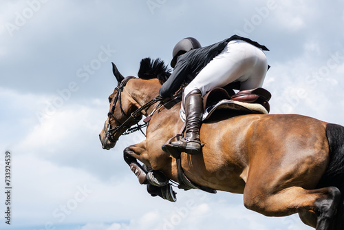 Equestrian Sports photo-themed: Horse jumping, Show Jumping, Horse riding. Jockey competing in horse jumping competition.