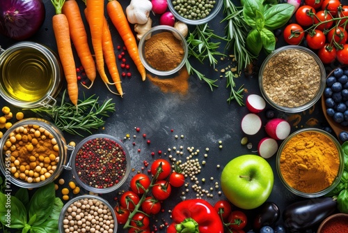Vegan food background: Top view of various vegan ingredients like fresh carrots, radishes, cocoa beans, cherry tomatoes, soy beans