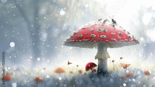 Mystical Toadstool in a Soft Rainy Meadow