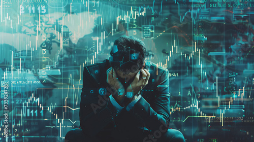 Business failure and unemployment problems from the economic crisis. Stressed businessman sits in panic digital stock market financial background. Stock market and global economic inflation recession