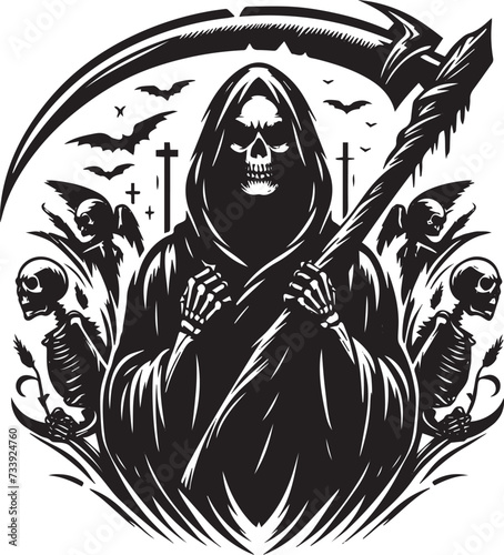 Grim Reaper silhouette. Angel of Death. death taker. Image of death in black clothes with a scythe in the center, black hood.