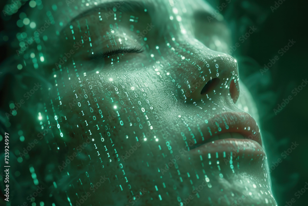 Obraz premium Womans Face Covered in Green Dots