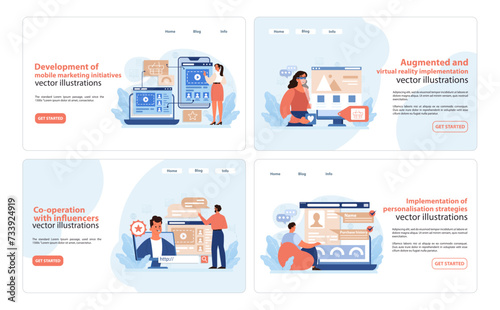 Digital Marketing Strategy Set. Detailed vector illustrations depicting mobile marketing, AR and VR application, influencer collaboration, and personalized customer strategies. Flat vector.