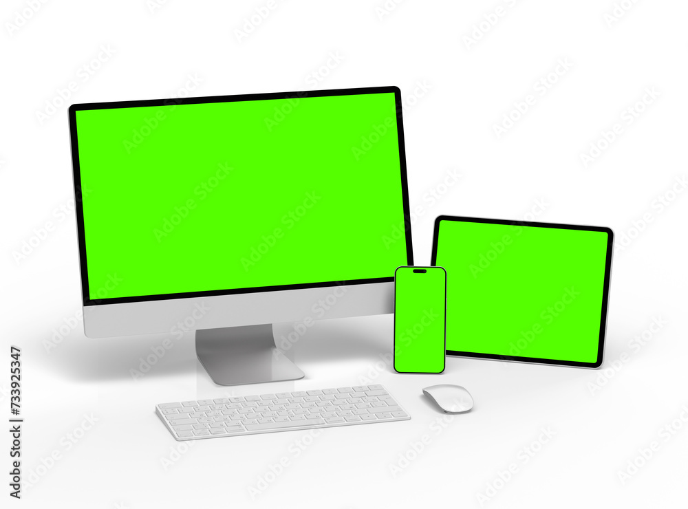 3D Render of smartphone tablet desktop with green screens on a light background